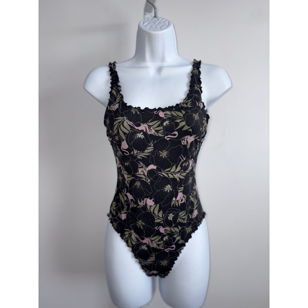Scout Women's One Piece Bodysuit Black Flamingo Tropical Print XS Ruffle Edges